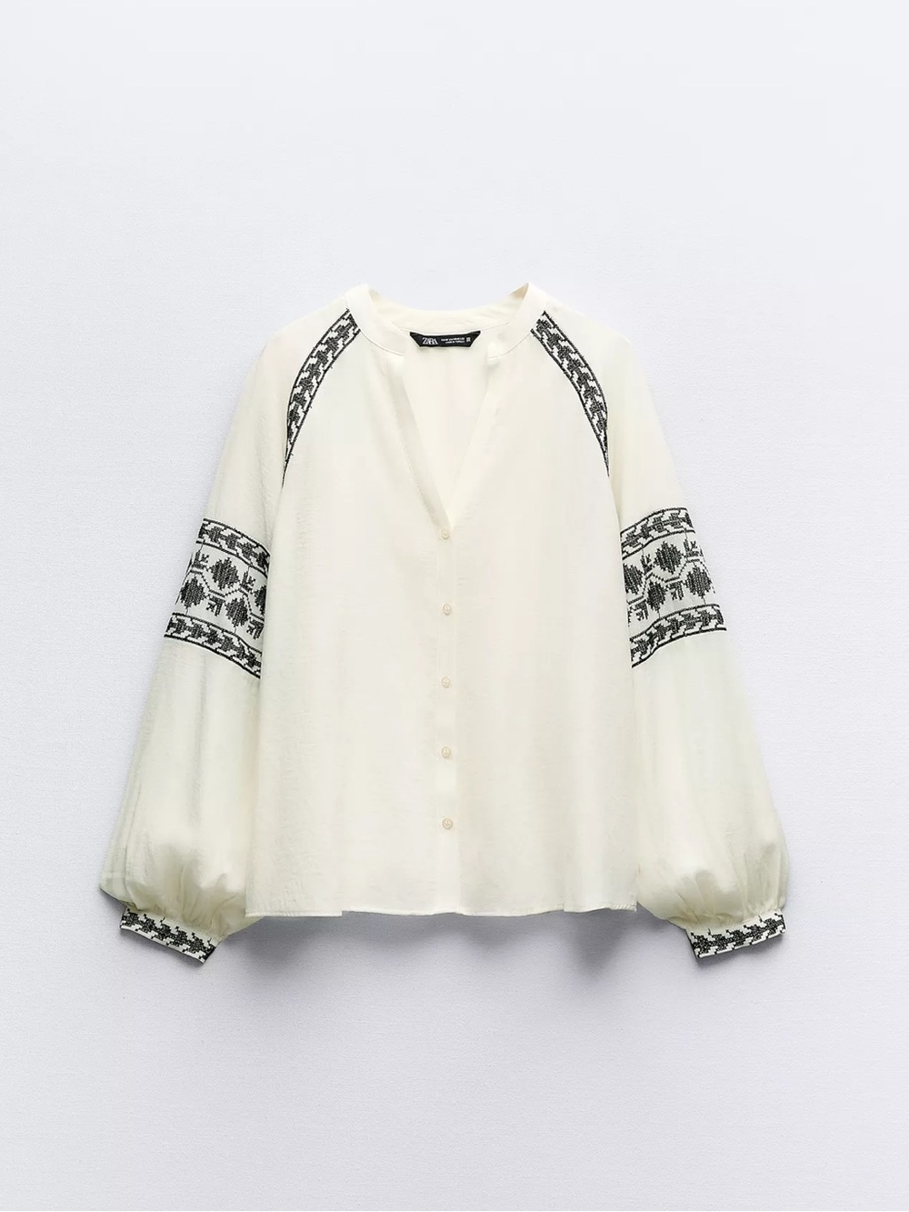 Zara Ivory Button-Front Blouse with Black Embroidered Trim
